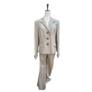 Lafayette 148 Wool Silk Beige Three Button Blazer Pants Suit Wide Leg Sz 10 NWOT